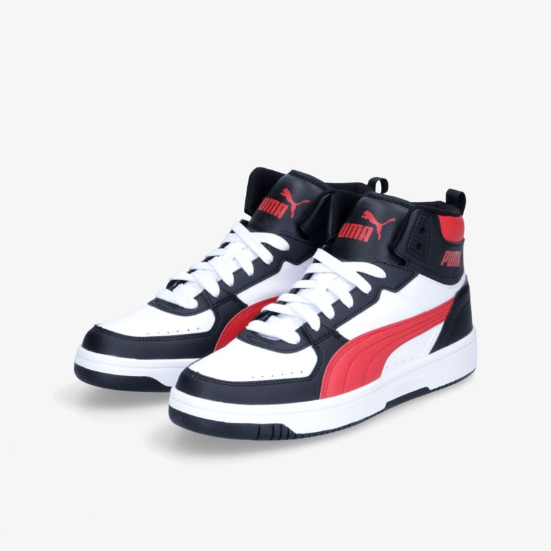 Stilvolle High-Top Sneaker in Weiß mit roten und schwarzen Akzenten, ideal für sportlichen und urbanen Look.