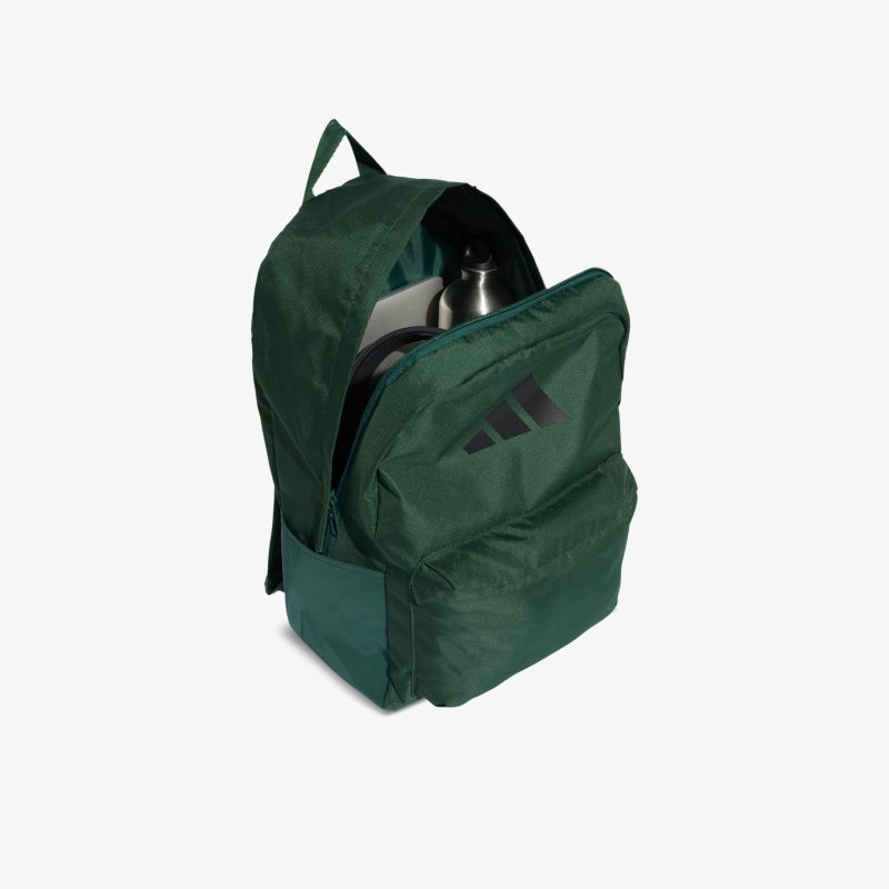 Offener grüner Rucksack mit sichtbar verstauter Wasserflasche, robust und geräumig, ideal für vielseitigen Einsatz