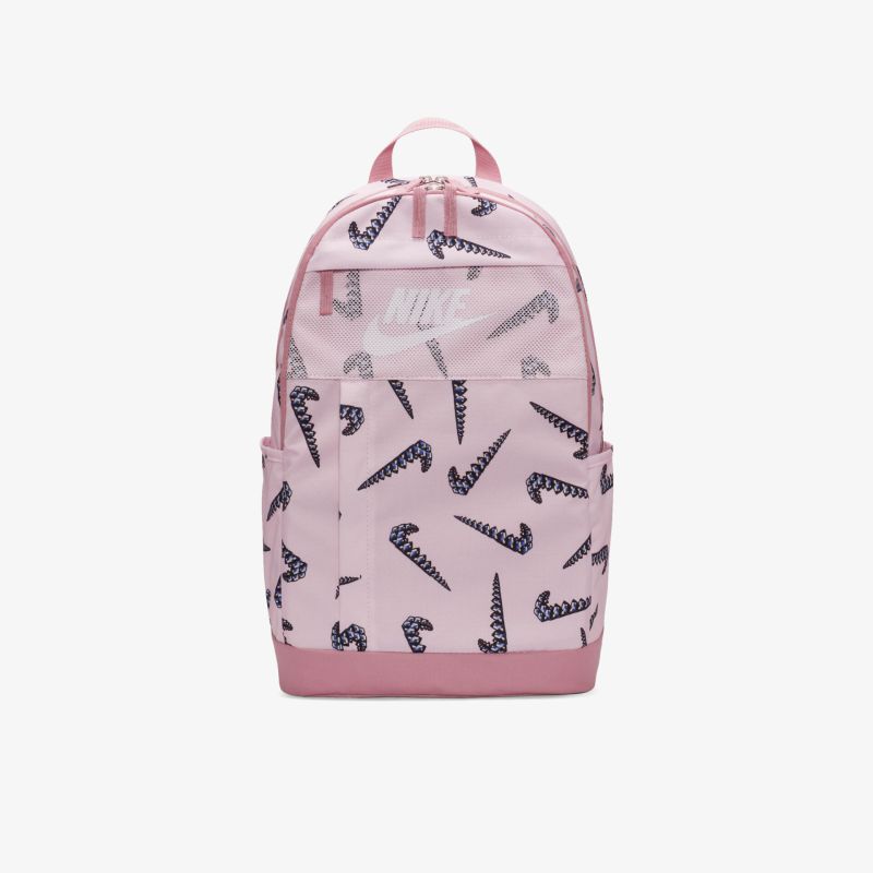 Rosa Rucksack mit schwarzem Muster und Logo-Print, ideal für Schule und Freizeit, hoher Tragekomfort.
