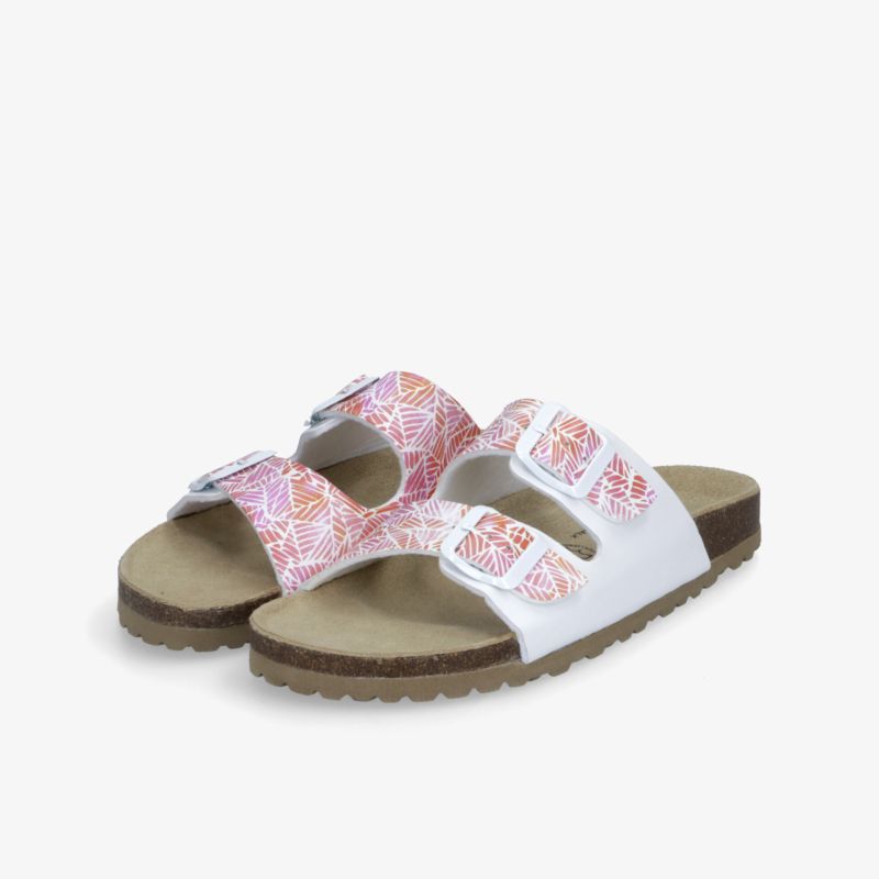 Weiße Sandalen mit pinkem Muster, verstellbaren Riemen und komfortablem Fußbett für angenehmes Tragegefühl