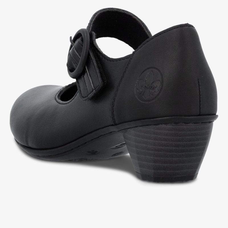 Schwarzer Schuh mit bequemem Absatz und verstellbarem Riemen, klare seitliche Ansicht
