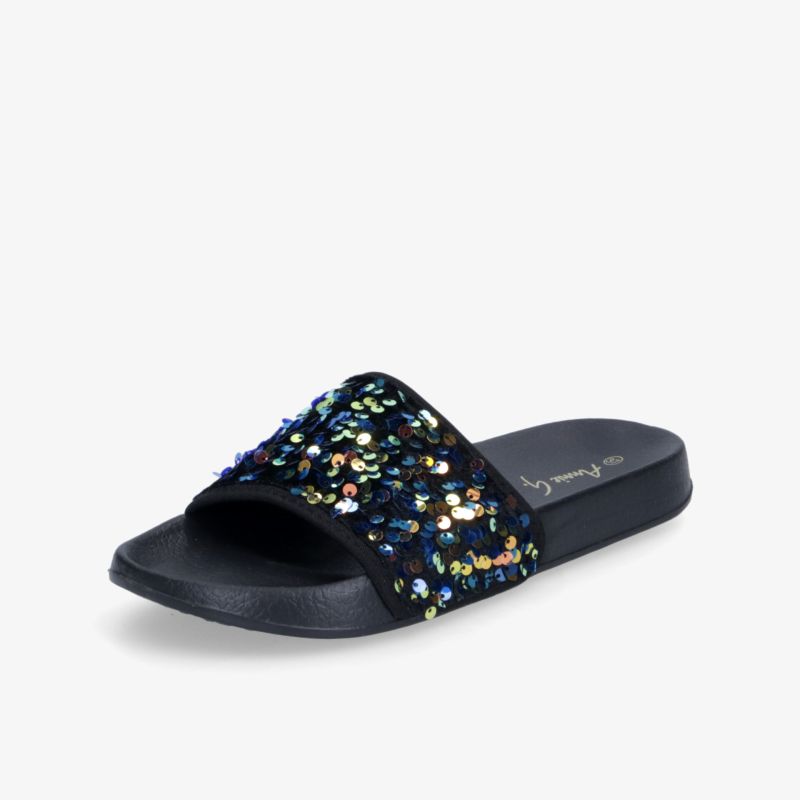 Schwarze Pantolette mit glänzenden Pailletten, komfortable und modische offene Slide Sandale