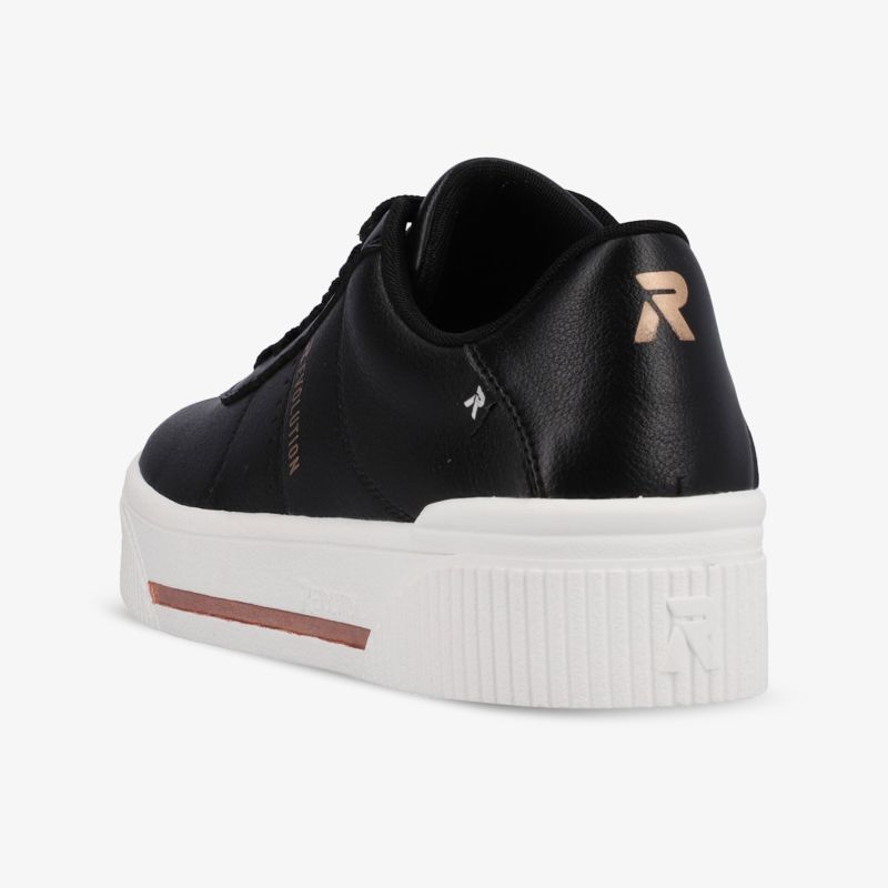 Schwarzer Sneaker mit weißer Plateau-Sohle und seitlichem Logo-Detail für modernen Look