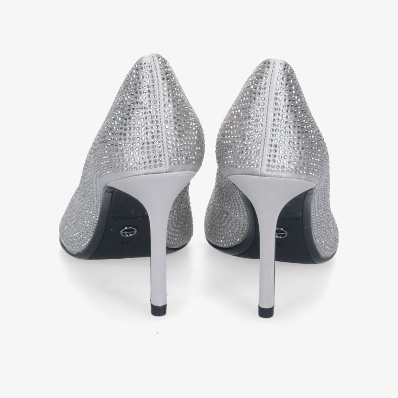 Elegante silberne High Heels mit Glitzeroptik und schmalem Absatz, perfekte Wahl für festliche Anlässe.