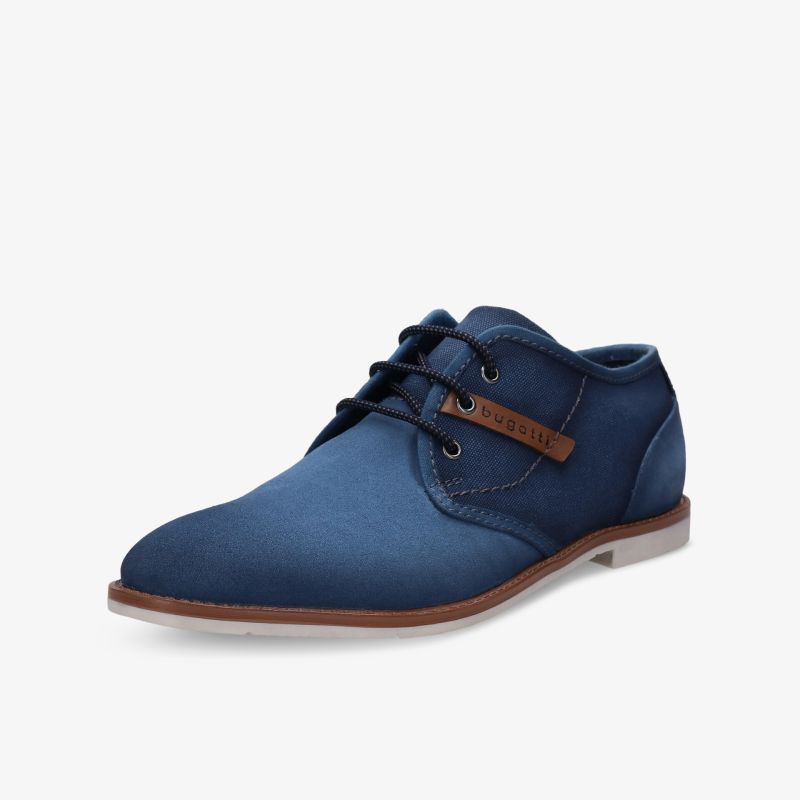 Elegante blaue Schnürschuhe mit flacher Sohle und stilvollem Design.