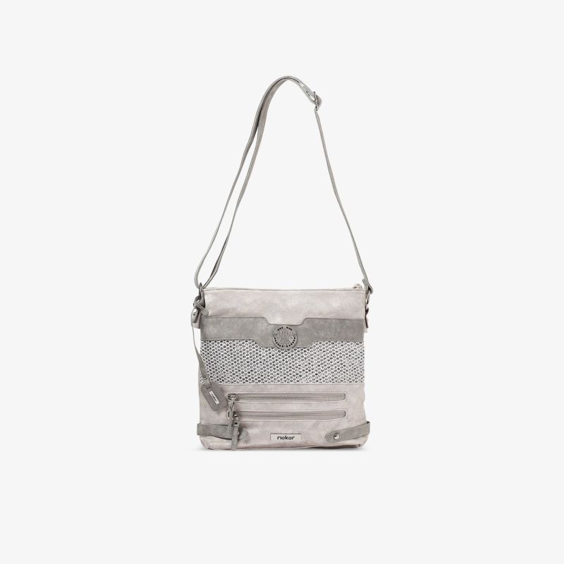 Graue Schultertasche mit modernem Muster, verstellbarem Riemen und mehreren Reißverschlussfächern für praktischen Alltag