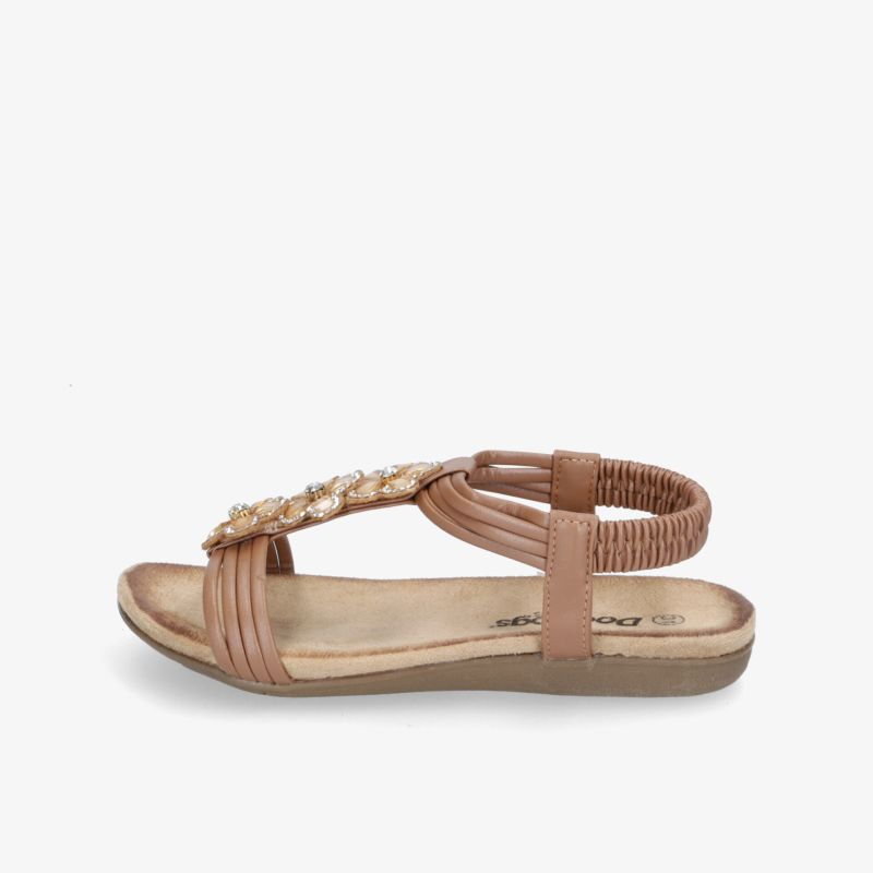 Elegante flache Sandale mit geflochtenen Details und elastischem Riemen für bequemen Sommerstil.