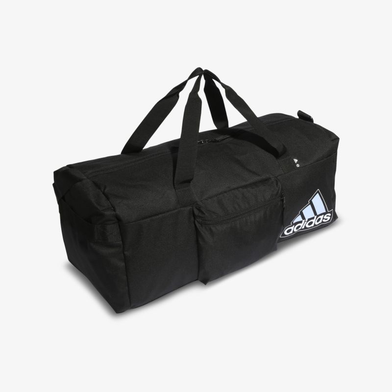 Geräumige schwarze adidas Sporttasche mit Logo, ideal für Training und Reisen, robust und vielseitig einsetzbar.