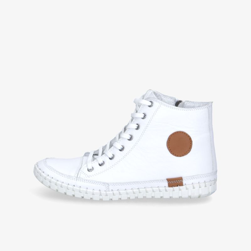 Moderner weißer High-Top-Sneaker mit markantem Design und bequemer Passform.