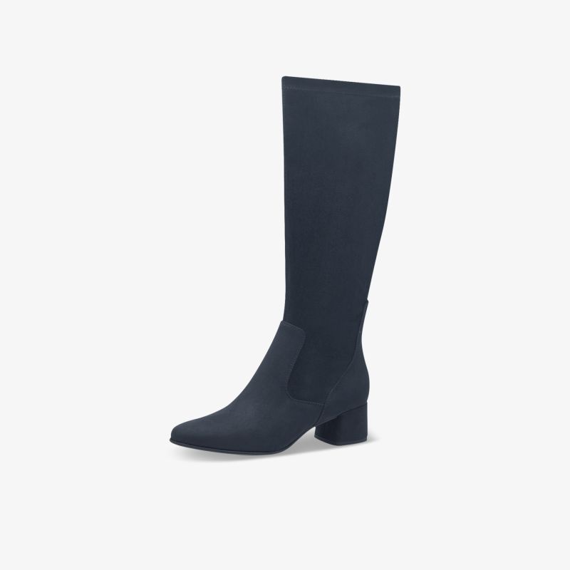 Schwarzer hoher Stiefel mit bequemem Blockabsatz und klassischem, elegantem Design in seitlicher Ansicht
