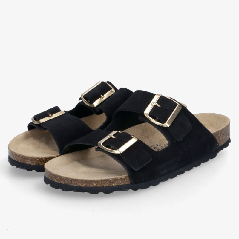 Komfortable schwarze Sandalen mit stilvollen Metallic-Schnallen und rutschfester Sohle im klassischen Design.