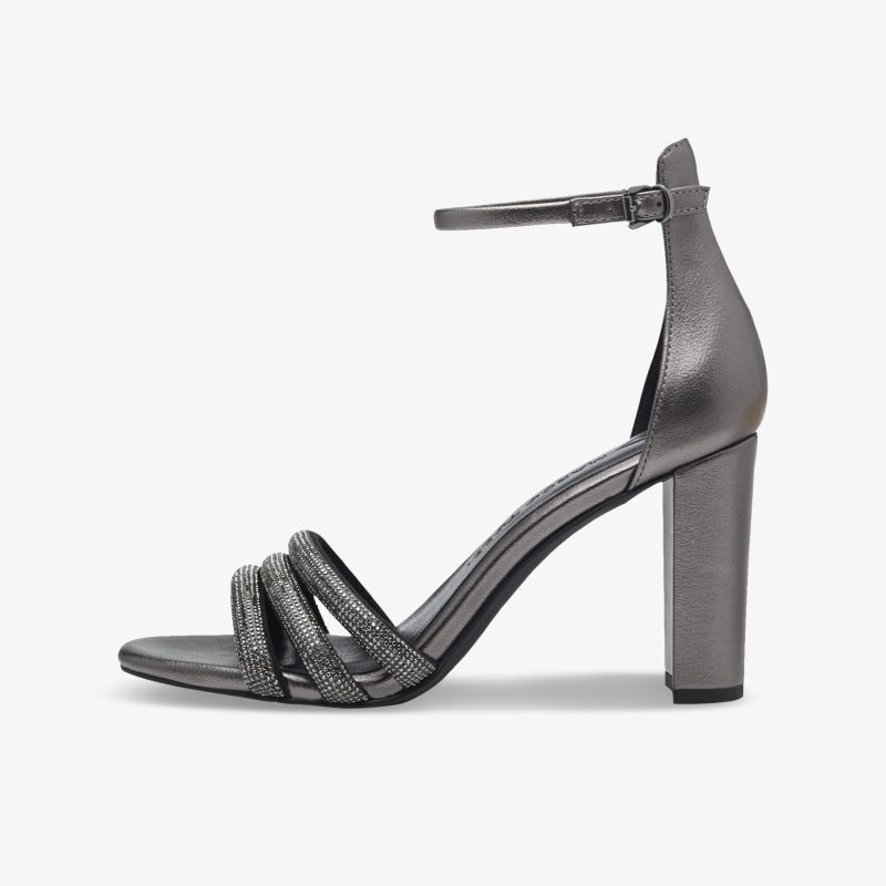 Elegante metallicfarbene Sandalen mit bequemen Absatz und Schnallenverschluss für stylische Anlässe.