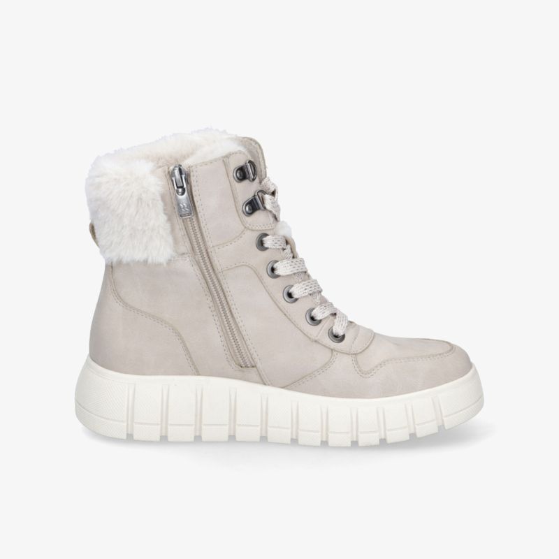 Seitliche Ansicht eines hellgrauen Winterboots mit warmem Fellfutter, Reißverschluss und profilierter Sohle für Komfort