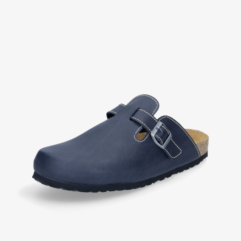 Bequemer blauer Clog mit verstellbarer Schnalle und rutschfester Sohle, ideal für lässiges Tragen.