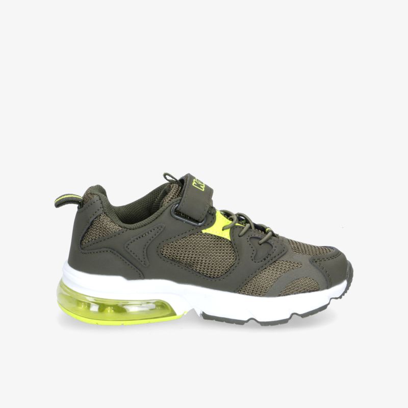 Leichter, atmungsaktiver Sneaker in Olivgrün mit leuchtender Sohle und praktischem Klettverschluss.