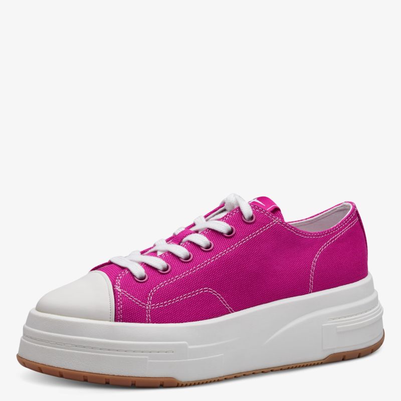 Moderne pinkfarbene Sneaker mit weißer Plateau-Sohle und stilvollem Design, ideal für Freizeitoutfits.