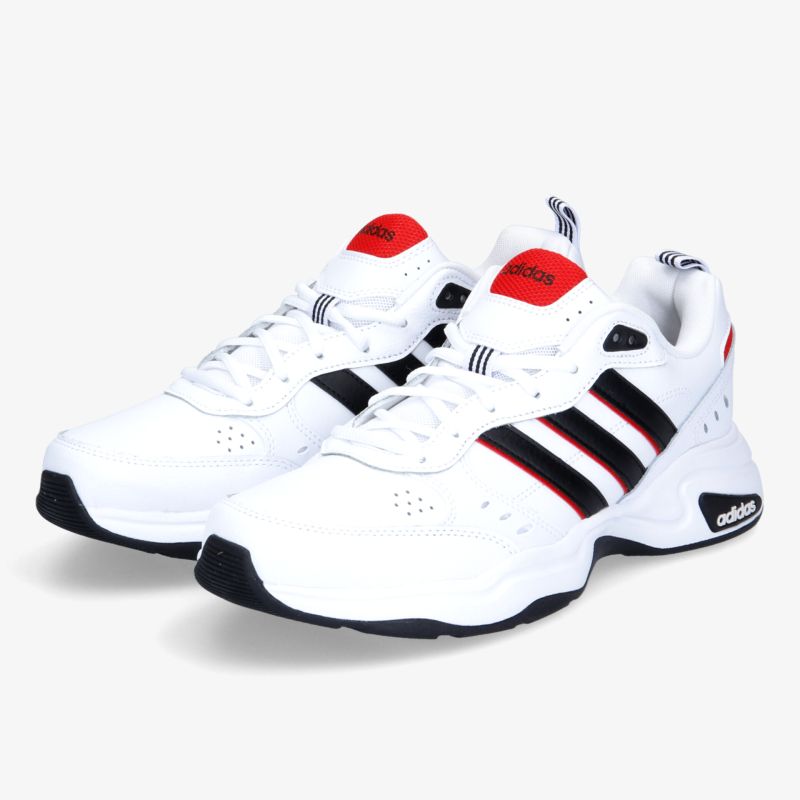 Weiße Sneaker mit rotem und schwarzem Streifen-Design, ideal für Freizeit und sportliche Aktivitäten.