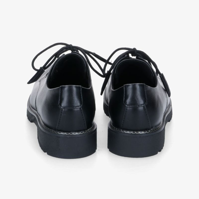 Elegante schwarze Lederschnürschuhe mit stabiler rutschfester Sohle in klassischem Design, Rückansicht.