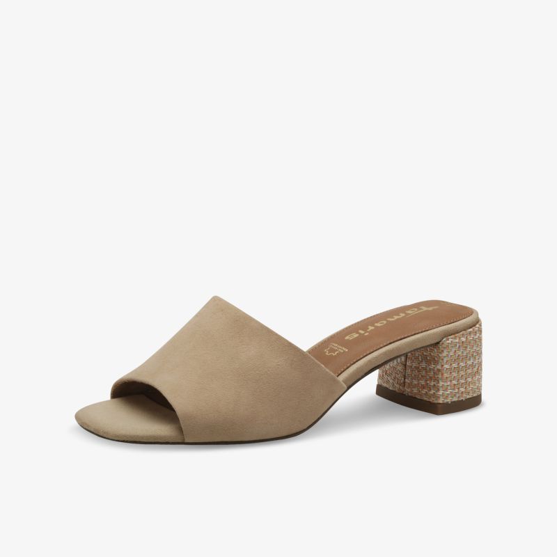 Beige Pantolette mit offenem Zehenbereich und mittelhohem Blockabsatz, elegant und komfortabel für vielseitige Anlässe