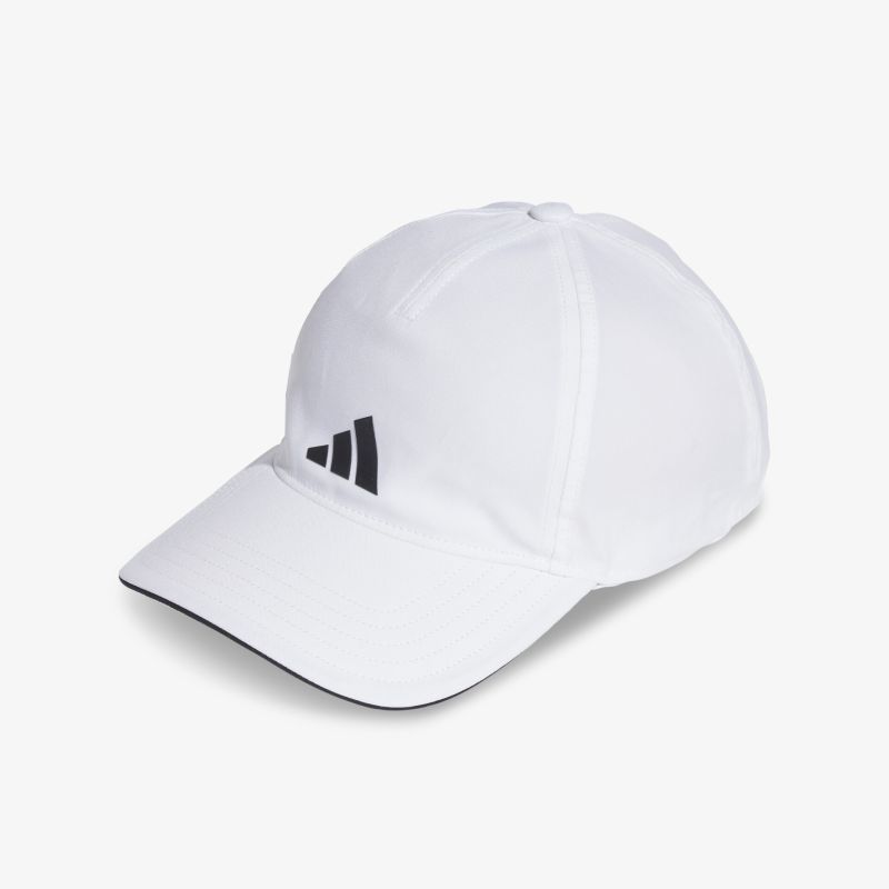 Weißes Basecap mit markantem schwarzem Logo-Design, verstellbare Passform, ideal für sportliche Aktivitäten.