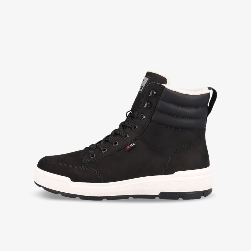 Moderner schwarzer Stiefel mit weißer Sohle, bequem und vielseitig für urbanen Style.