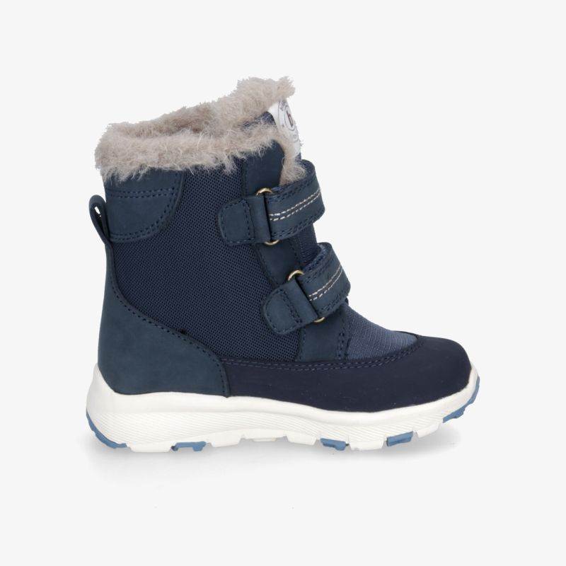 Warme, gefütterte Winterstiefel in Blau mit praktischem Klettverschluss für bequemen Tragekomfort.
