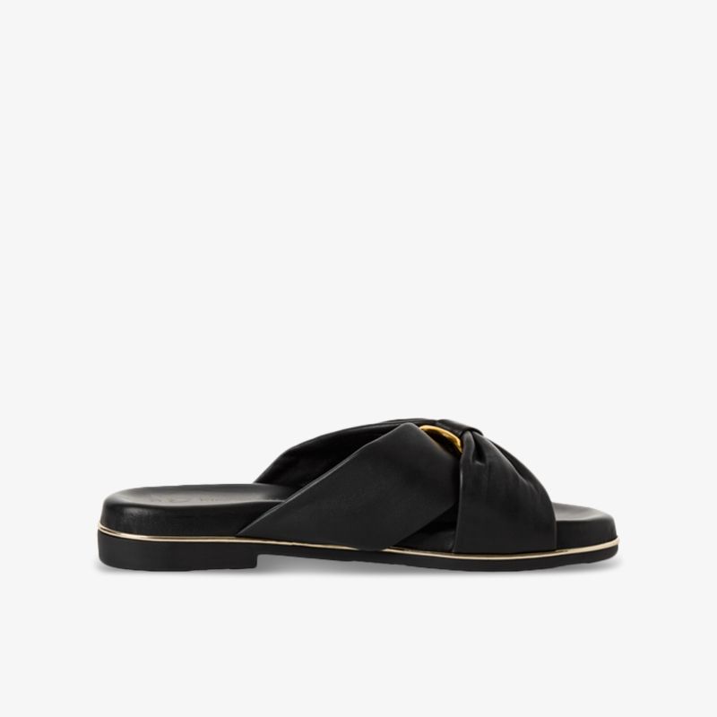 Schwarzer Slide mit modernem Design und weichem Material, komfortable flache Sohle für angenehmes Tragen