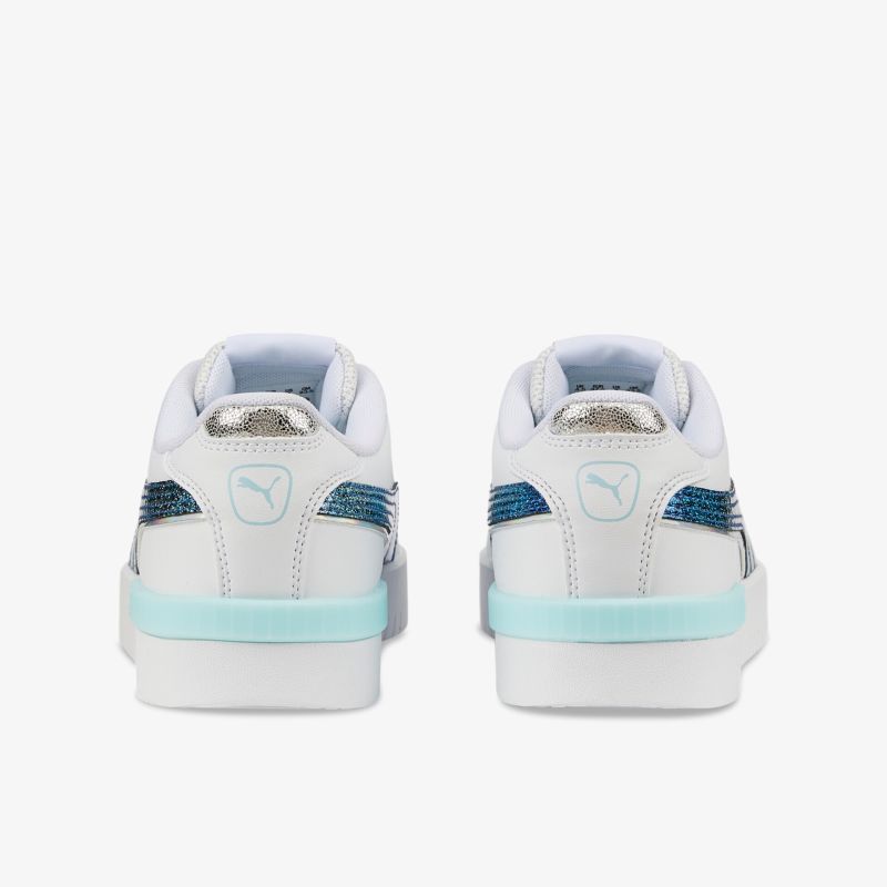 Moderne weiße Sneaker mit blauen Akzenten und rutschfester Sohle, ideal für sportliche und alltägliche Aktivitäten.