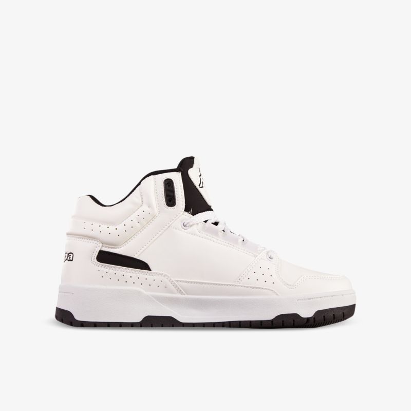 Moderner weißer High-Top Basketballschuh aus Leder mit einzigartigem Design und hohem Tragekomfort.