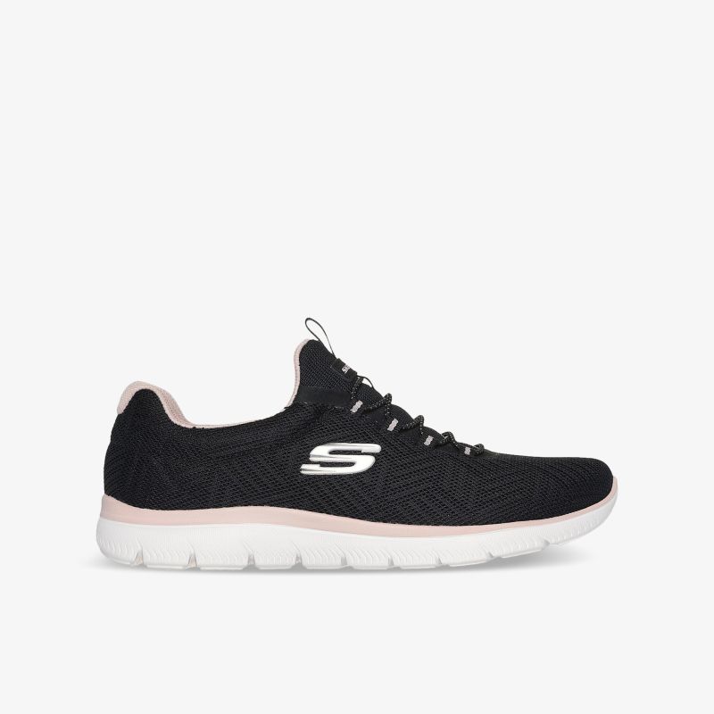 Leichter schwarzer Sportschuh mit atmungsaktivem Material und weißer flexibler Sohle seitlich gezeigt