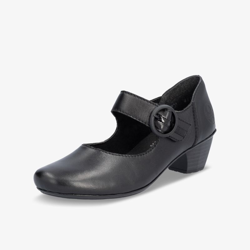 Schwarzer klassischer Schuh mit praktischem Riemenverschluss und mittelhohem Absatz für eleganten Komfort