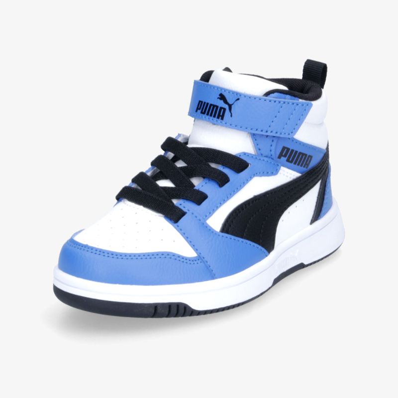 Hochgeschnittener blauer und weißer Sport-Sneaker mit stabiler Schnürung und gepolstertem Knöchelriemen