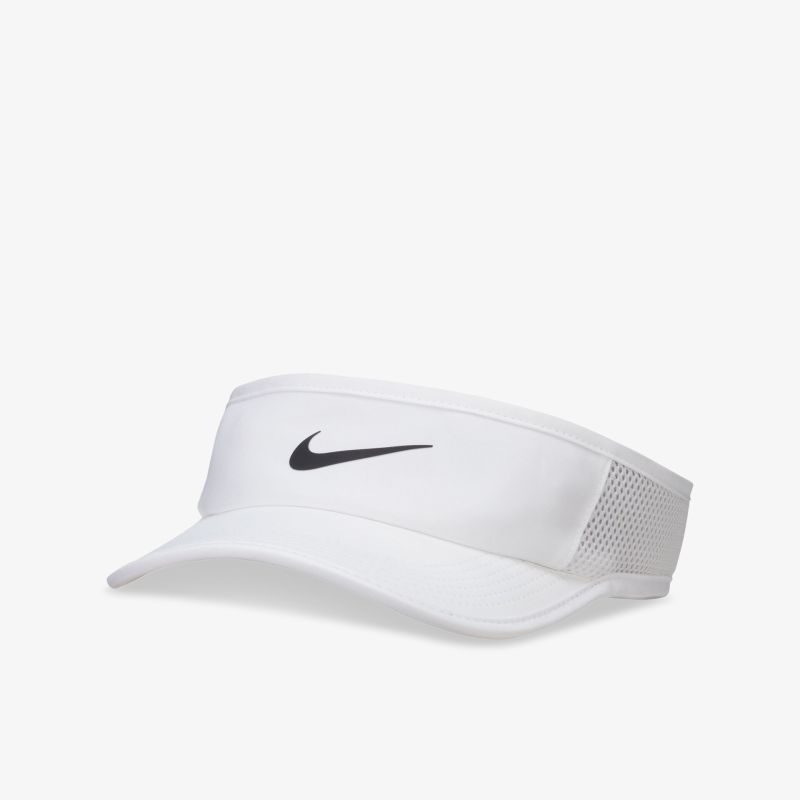 Stylische weiße Sport-Visor mit atmungsaktivem Mesh-Einsatz und markantem Logo für optimalen Sonnenschutz.