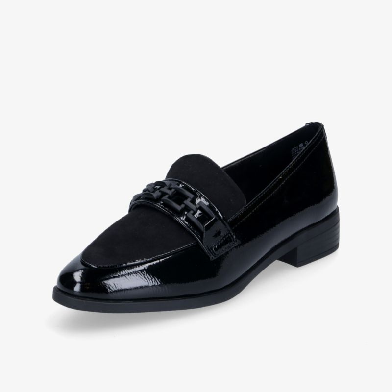 Eleganter schwarzer Loafer aus Lackleder mit dekorativer Schnallenapplikation und bequemem Schnitt