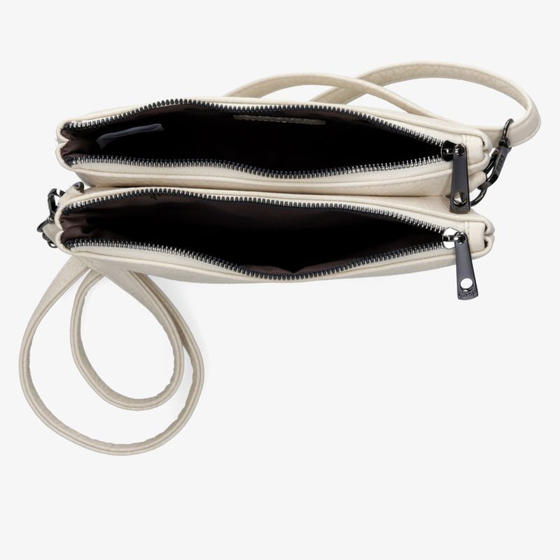 Schwarze schlanke Tasche mit zwei getrennten Reißverschlussfächern und verstellbarem Tragegurt, perfekte Organisation