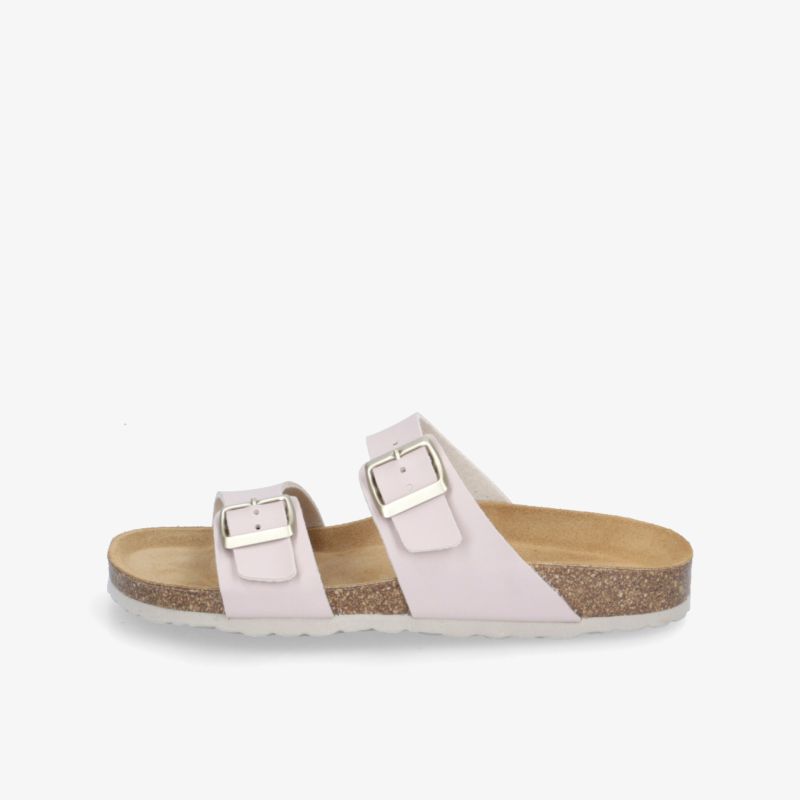 Bequemes weißes Sandalenmodell mit verstellbaren Schnallen und Korkfußbett, ideal für lässige Sommerlooks.