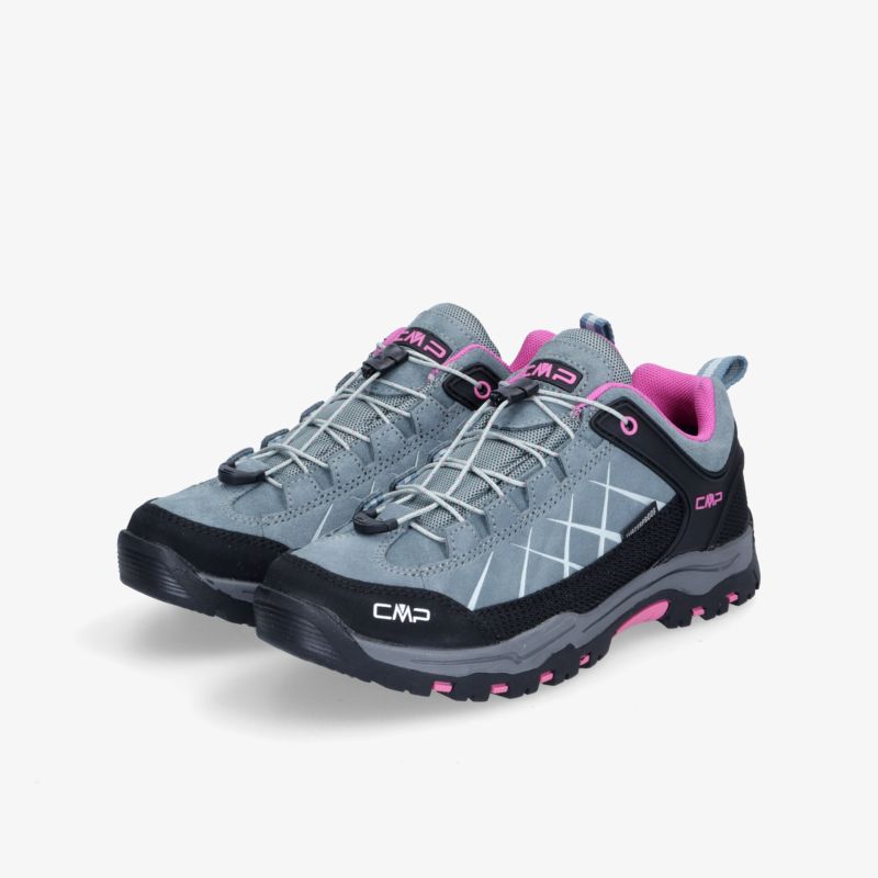 Graue Wanderschuhe mit rosa Details, bequem und robust für Outdoor-Abenteuer, stoßdämpfende und rutschfeste Sohle.