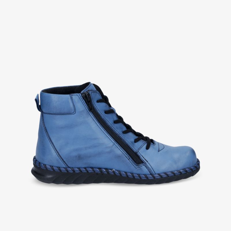 Moderner blauer Sneaker mit praktischem Reißverschluss und flexibler, bequemer Sohle, seitliche Ansicht