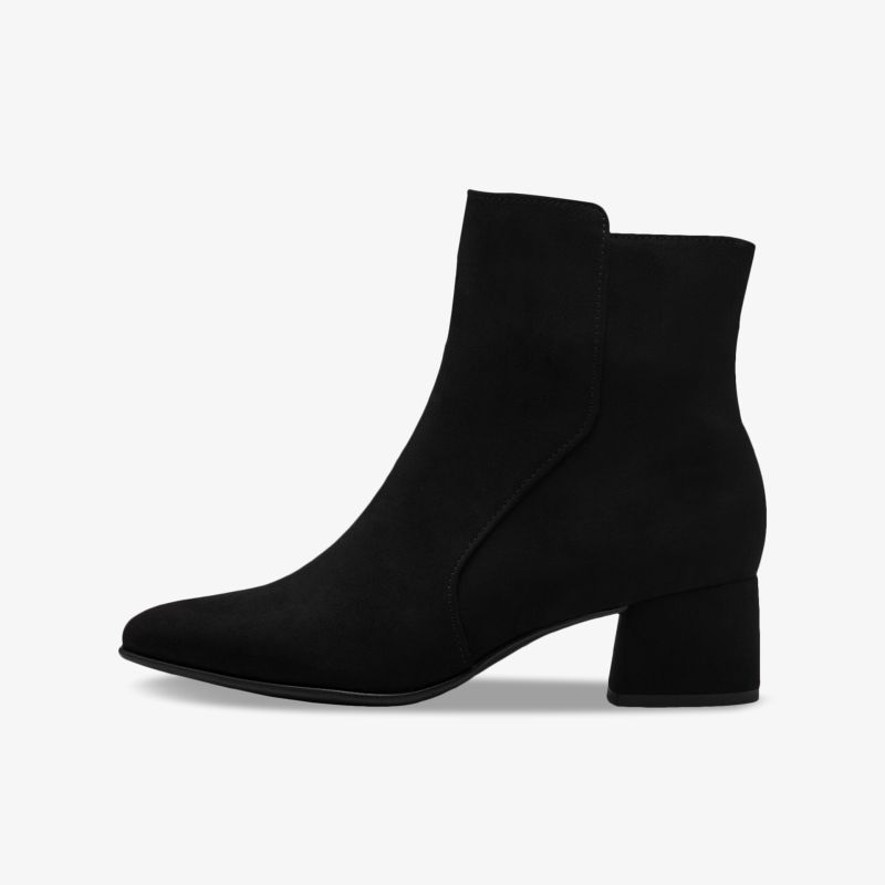 Schwarze Stiefelette mit mittelhohem Blockabsatz und schlichtem, elegantem Design seitlich abgebildet
