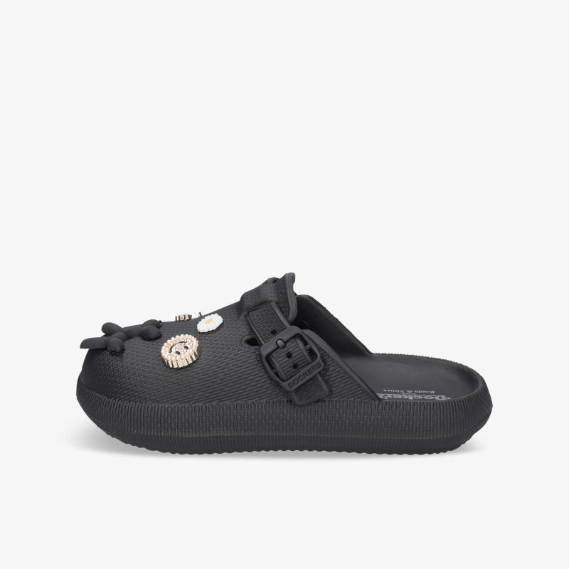 Leichter schwarzer Clog mit verstellbarem Riemen, attraktivem Design und komfortabler Passform
