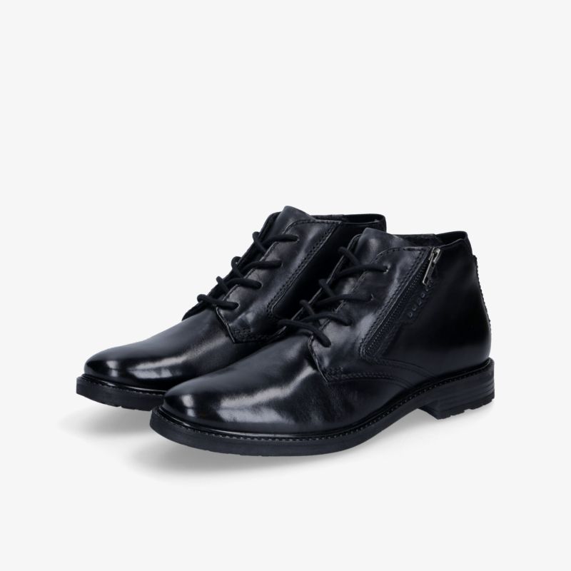 Schwarze Lederschuhe als Paar in schräger Vorderansicht mit schnürung und seitlichem Reißverschluss
