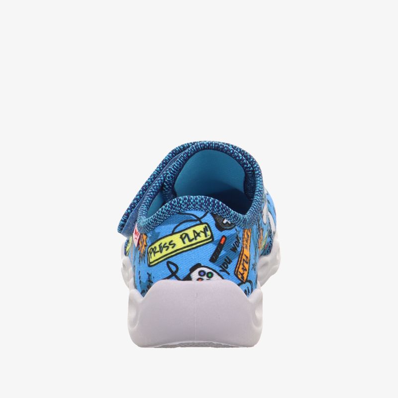 Bunter Sneaker mit Comic-Motiven und Klettverschluss, ideal für lebhafte Aktivitäten und optimalen Komfort.