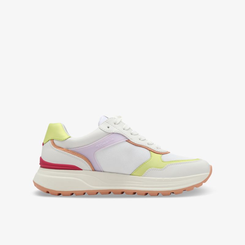 Leichter sportlicher Sneaker mit bunter Akzentuierung und stoßdämpfender Sohle, seitliche Ansicht