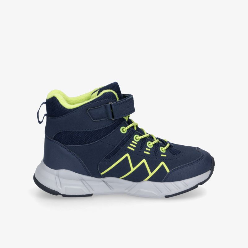 Sportlicher blauer Stiefel mit neonfarbenen Akzenten und Klettverschluss für optimalen Halt und Komfort.