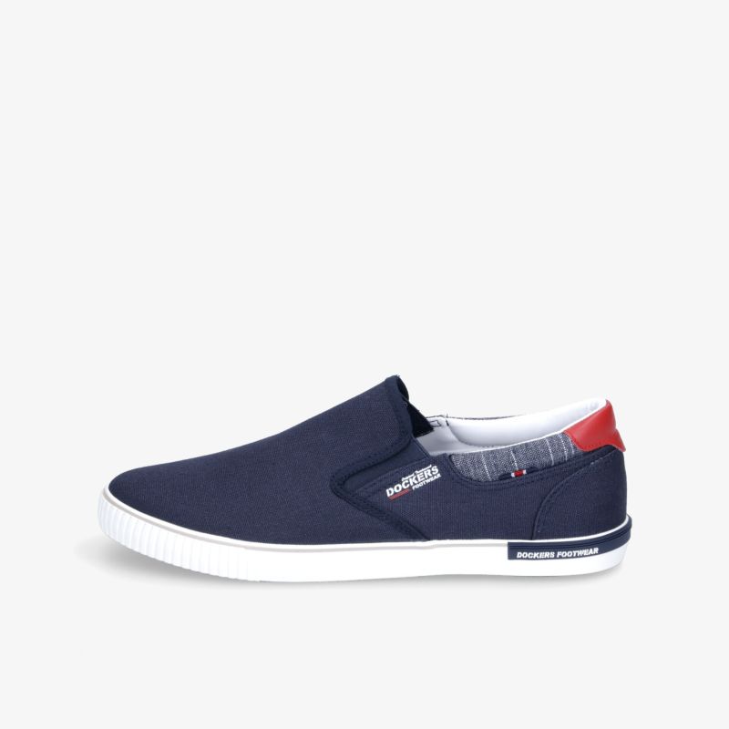 Bequemer und modischer Slip-On Schuh in navy-blau mit weißer Sohle und roten Akzenten für vielseitige Anlässe.
