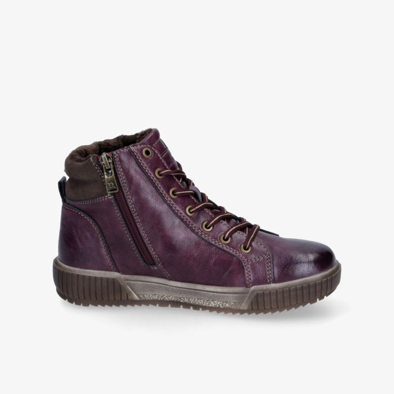 Seitenansicht eines robusten und bequemen Bordeaux-farbenen Ledersneakers mit Reißverschluss und Profilsohle
