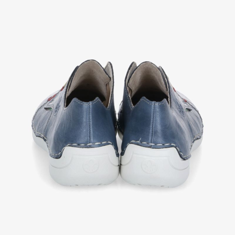 Leichte und bequeme blaue Sneaker mit flexibler, robuster weißer Sohle, Rückansicht zeigt sportliches Design