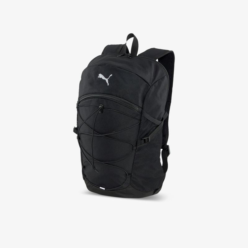 Moderner schwarzer Rucksack mit Logo, praktischen Taschen und verstellbaren Trägern für vielseitige Nutzung.