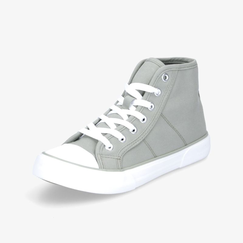 Moderner grauer High-Top-Sneaker mit weißer Sohle und Schnürung, ideal für sportlichen Komfort und Stil.