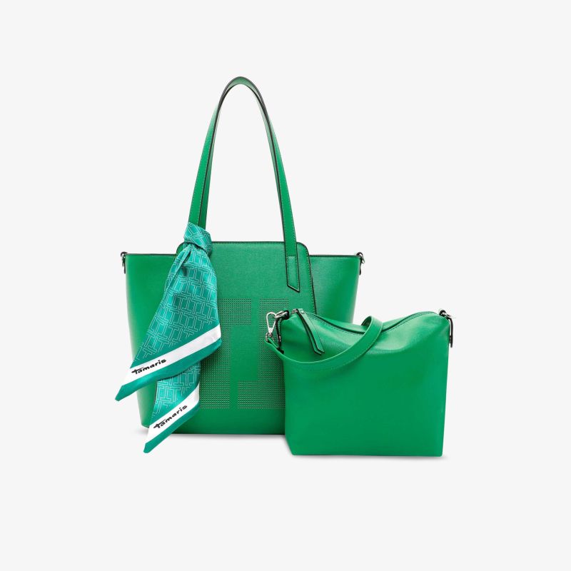 Elegantes grünes Taschenset mit Halstuch, bestehend aus Shopper und Umhängetasche, perfekt für stilvolle Auftritte.